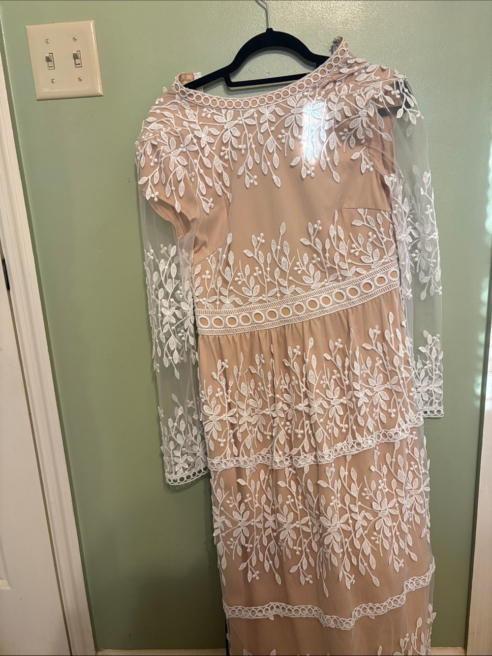 Nude Lace Maxi Dress with White Embroidery